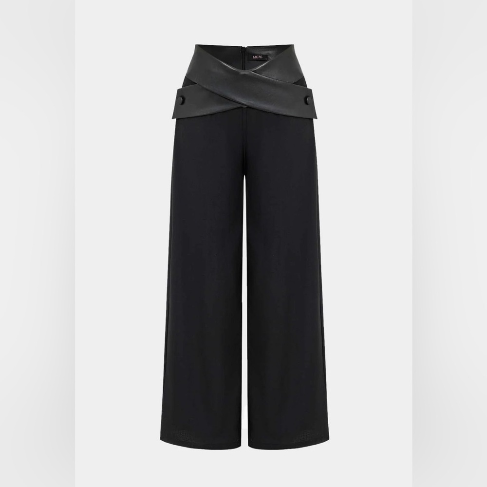 Solid Faux Leather Patchwork High Waist Crossed Pocket Trousers - Picture 1 of 4